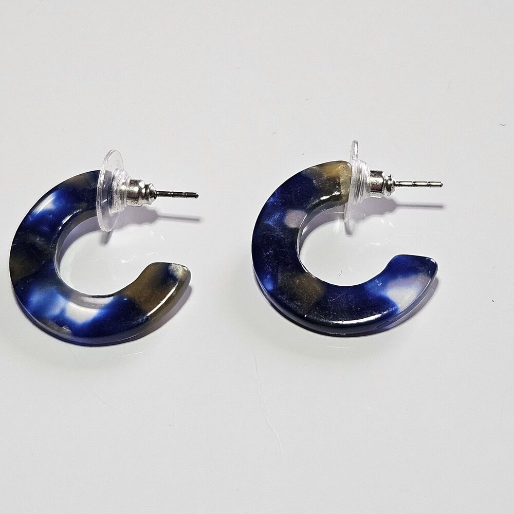 Acetate Blue Clear Tan Swirled Chunky Hoop Earrings